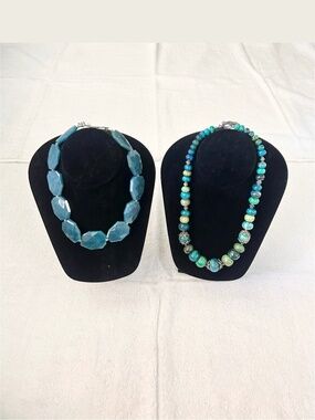 Lot of 2 Artisan Necklaces Real stone agate turquoise beads blue green
